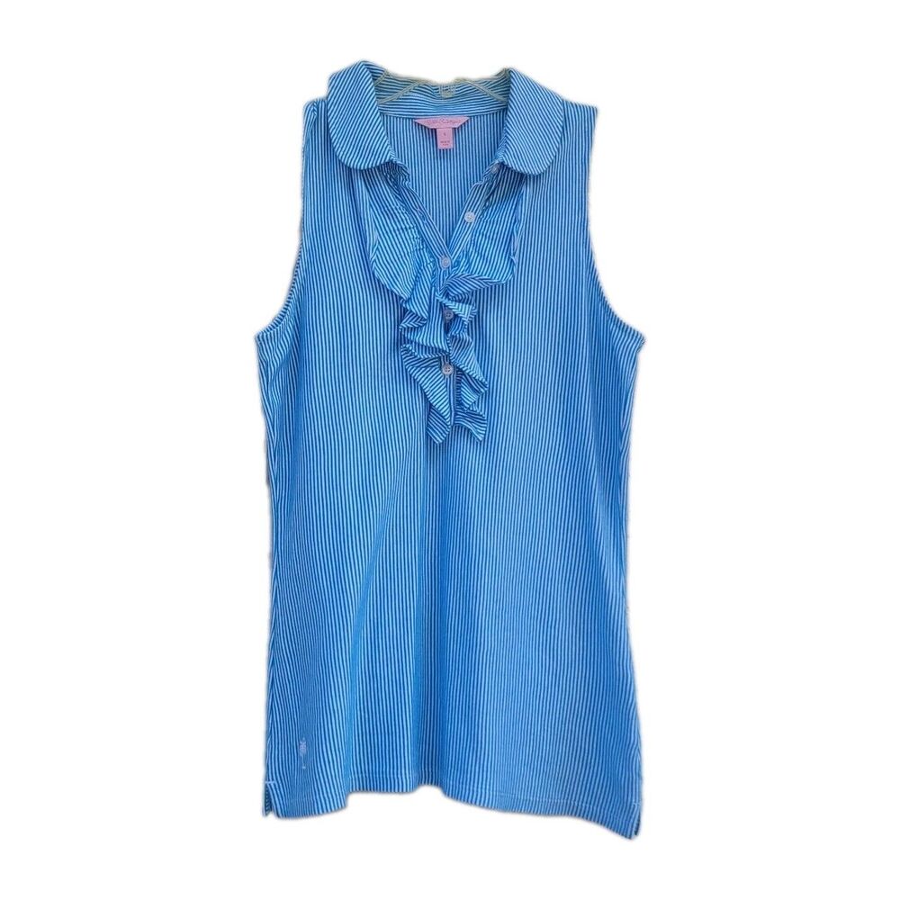 Lilly Pulitzer Blue/wht  Stripe Ruffle Sleeveless Polo Top Sz S Preppy Coastal